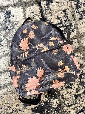 Faux Leather Mini Backpack - navy blue with pink flowers